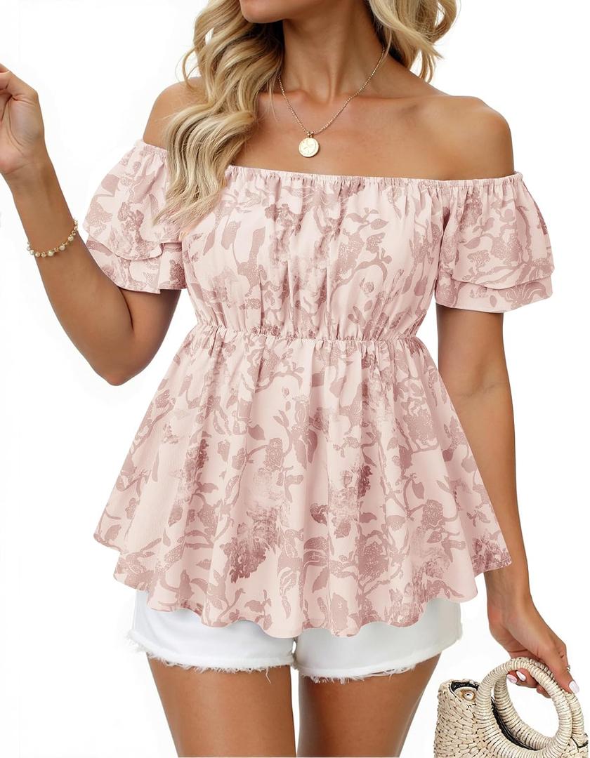 Women's Off Shoulder Boho Floral Blouse Short Sleeve Flowy Dressy Casual Top (L)