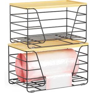 2 Pack Stackable Trash Bag Holder, Wall Mount Garbage Bag Dispenser with Bamboo Top, Trash Bags Organizer Under Sink (Black-2 Pack)