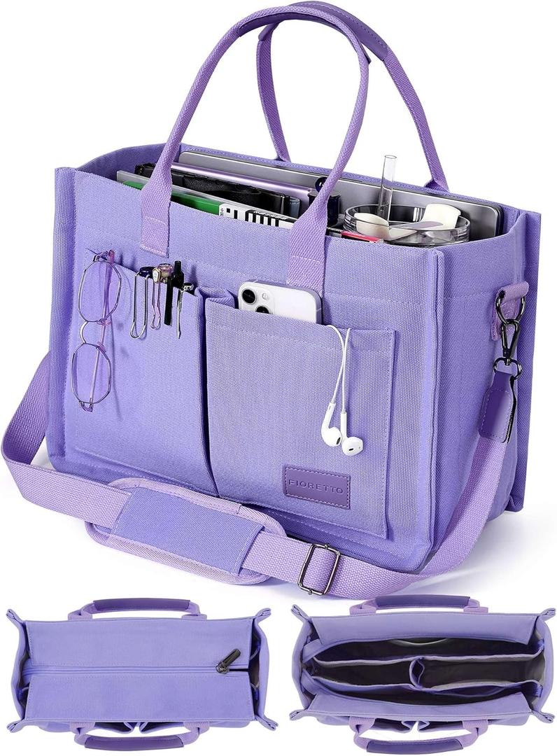 FIORETTO Canvas Tote Bag for Women with Zipper Closure & Individual Compartments for Work College for Teacher & Nurse (Medium, Purple)
