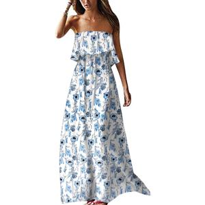 ZMPSIISA Women's Summer Off The Shoulder Maxi Dress Ruffle Strapless Blue White Porcelain Boho Casual Loose Long Dresses, Small