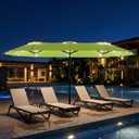 Tobeos 15ft Large Patio Umbrella with Solar Lights and Base, Double-Sided Outdoor Rectangle Umbrella with 48 LED Lights, Market Table Umbrellas with UV Resistant Canopy, Lake Blue