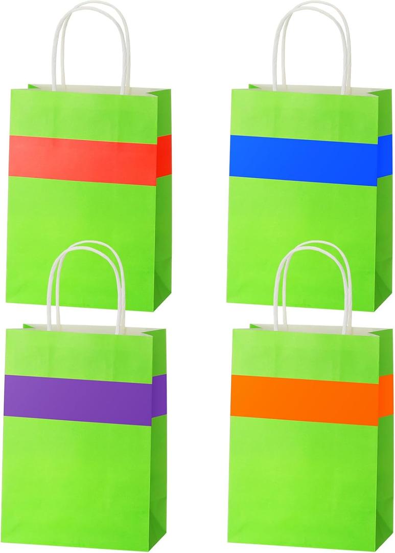 Epakh 24 Pcs Turtle Cartoon Themed Gift Bags with Handles Green Purple Red Orange Blue Party Favors Candy Goodie Treat Bags for Birthday Party Supplies(Green, Turtle)