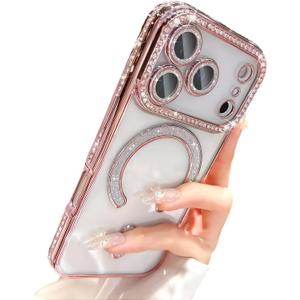 Magnetic Glitter Diamond for iPhone 17 Pro Max Case[Compatible with MagSafe] Sparkle Rhinestone Camera Lens Protector Plated, Crystal Clear Slim Military Drop Shockproof Cover for Women, Pink
