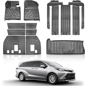 Floor Mats&Cargo Liner Compatible for Toyota Sienna 2021-2025 7 Seat All Weather Mats for Sienna 3rd Row Floor mats & Backrest mat and Trunk with TIRE (Only Fit 7 Seater with Spare Tire)