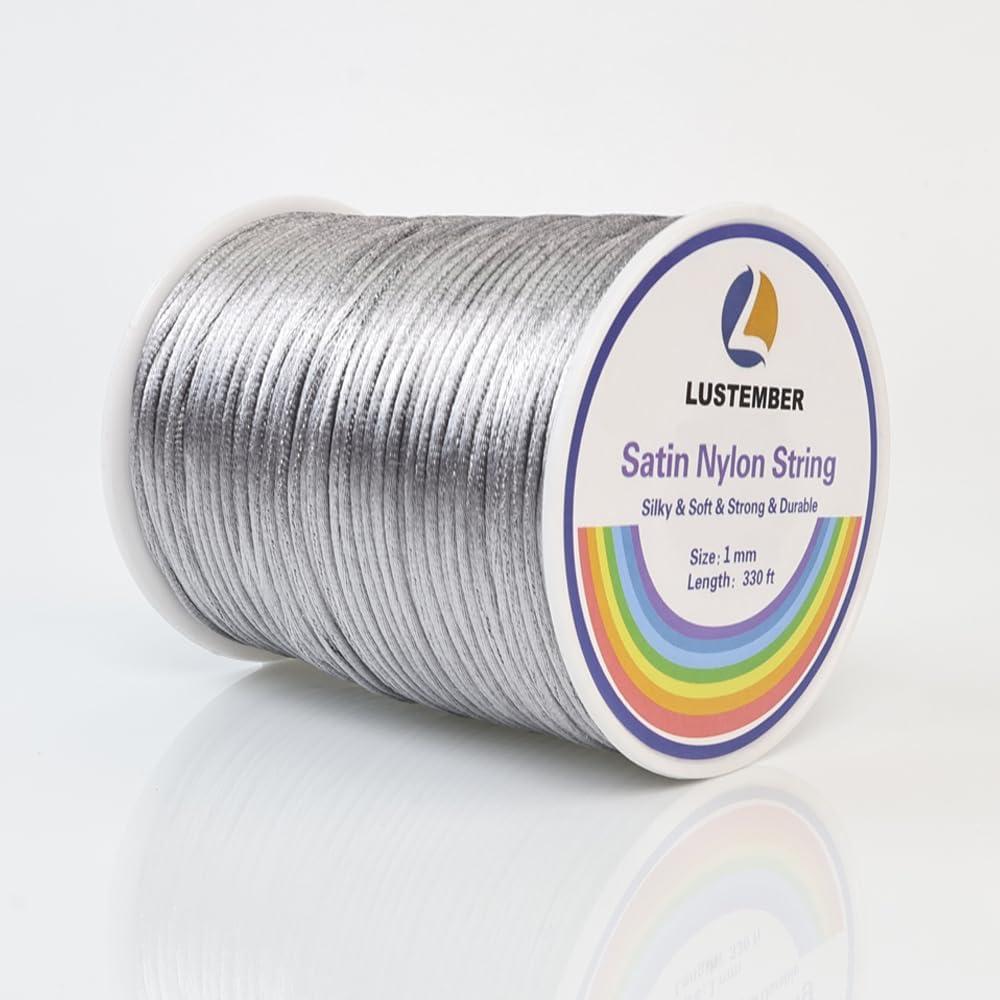 330 Feet Satin Nylon String, 1 mm Silky Smooth Durable Nylon Cord for Jewelry Making, Bracelets, Beading, Necklaces, Macrame, Kumihimo, Rattail, and Chinese Knot Craft (Silver)