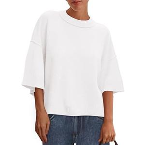 BTFBM Womens Short Sleeve Tops 2025 Summer Casual Crew Neck Oversized Sweater Solid Color Ribbed Knit T Shirts (S, White)