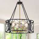 20'' Farmhouse Chandelier, 4-Light Black and Gold Dining Room Light Fixture Over Table, Rustic Industrial Drum Hanging Pendant Lights Fixture for Kitchen Island Living Room Bedroom Hallway Entryway