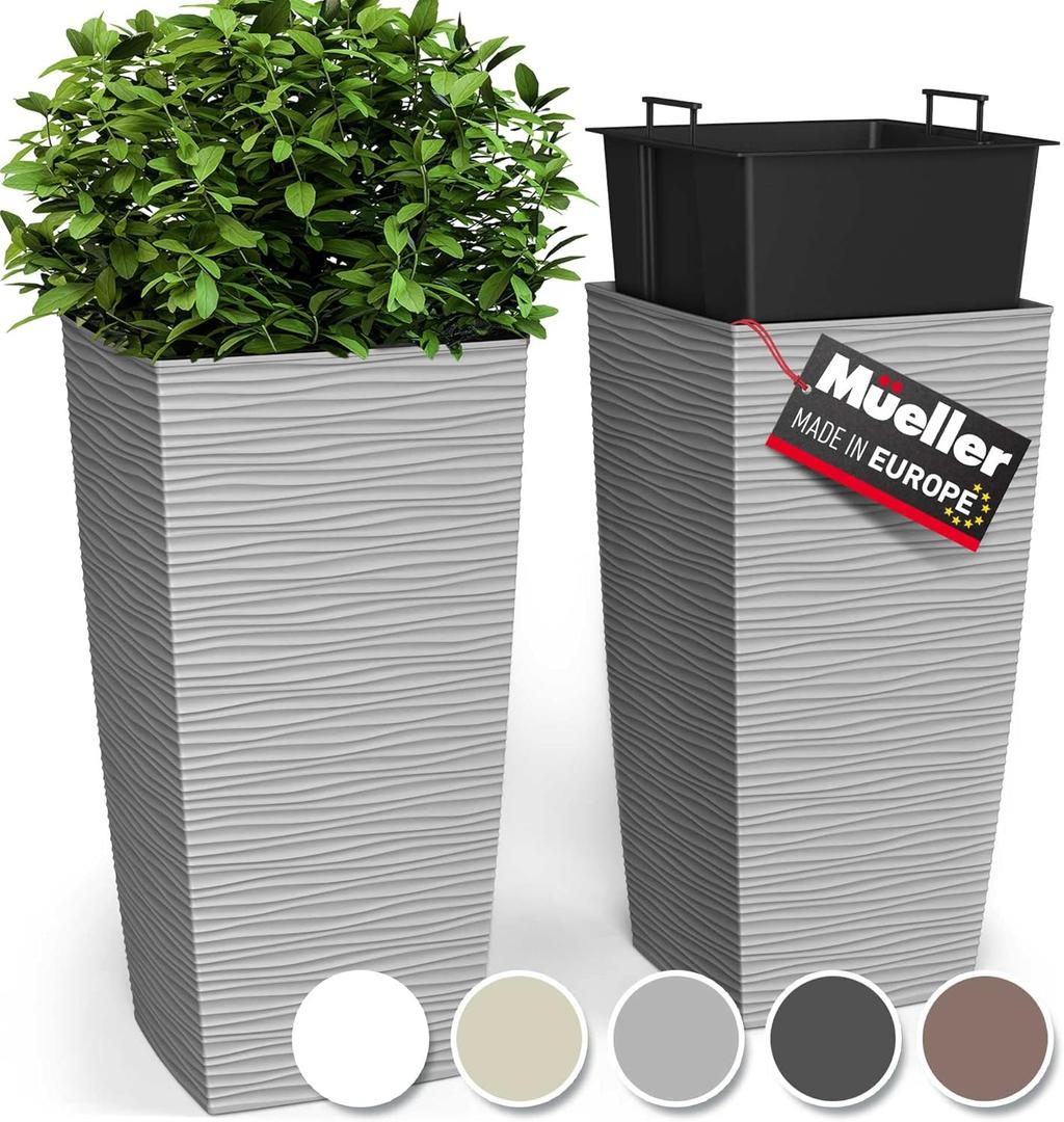 Mueller M-Resin Heavy Duty Tall Planters for Outdoor Plants, Indoor Grande Plant Pots, Boxes, Trees, Flower Pots, 2-Piece Set, 18, Modern Design, Built-in Drainage, Front Porch Decor, Light Grey (18 x 9", Light Grey)