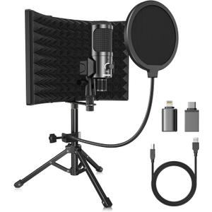 Studio Recording Microphone Isolation Shield with Pop Filter and Metal Tripod Stand USB Condenser Mic to PC Laptop Smartphone, Mic for Recording Singing Podcasting Studio Recording Microphone Isolation Shield with Pop Filter and Metal Tripod Stand USB Condenser Mic to PC Laptop Smartphone, Mic for Recording Singing Podcasting
