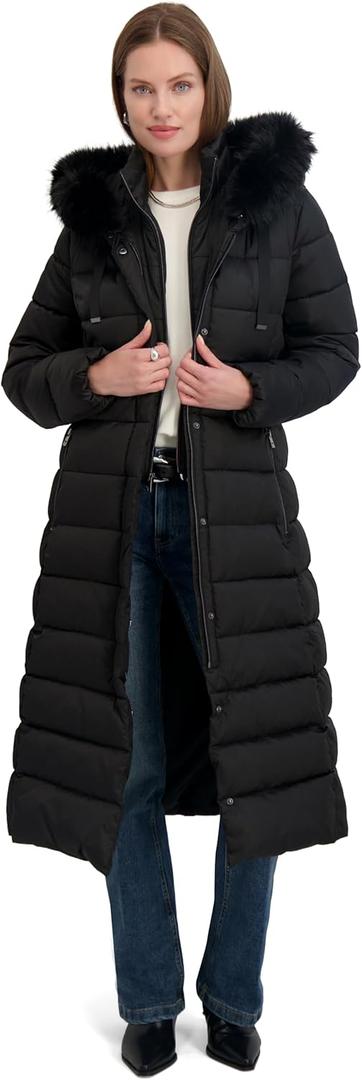 TAHARI Women's Maxi Puffer Coat, Attached Bib, Faux Fur Hood Trim, Hand Warmer Pockets, Long Puffer Coat (Black) XXS