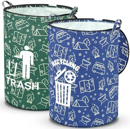 Memorywuu 2 Pack Collapsible Trash Can Camping with Zippered Lid Foldable Storage Bin Portable Garbage Can for Outdoor Camping RV's Yard Waste (Trash and Recycling Style)