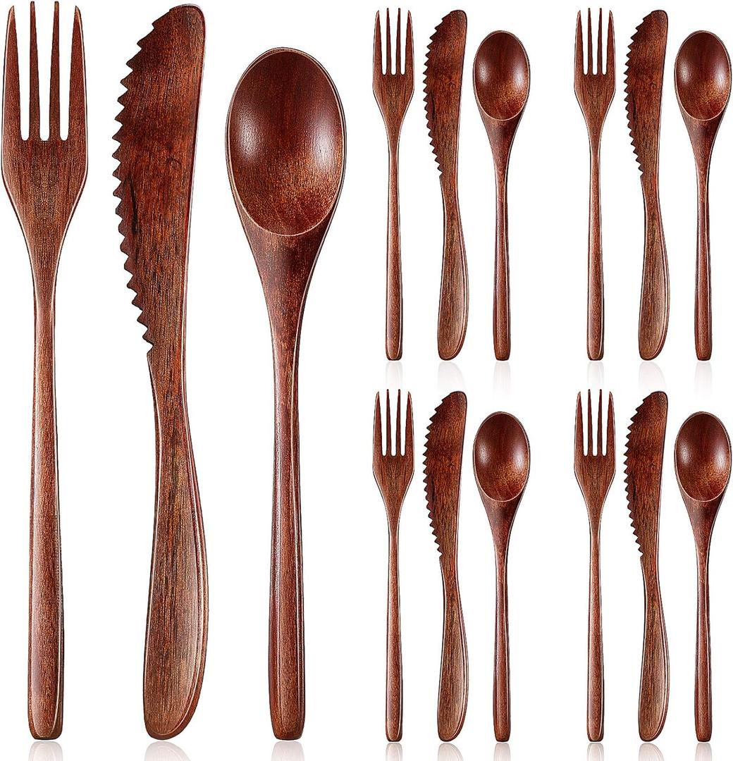 Geiserailie 4 Pcs Wooden Utensils for Eating Set Wooden Spoon Fork Knife Cutlery Set Kitchen Wood Utensils Dinner Flatware Tableware (Teak Wood)