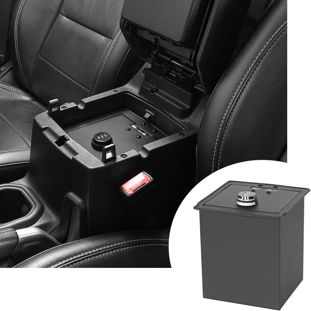 Hooke Road JL Gladiator Center Console Safe Lockbox Insert Armrest Storage for 2018-2026 Jeep Wrangler JL & Gladiator JT (Exclude Rubicon), Heavy Duty Safety Password Lock Box Vault (Black Steel)