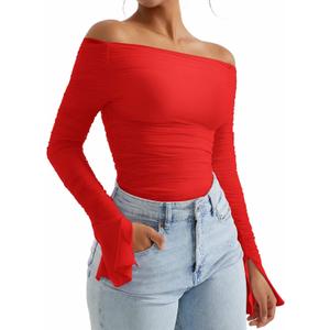 OMKAGI Women Long Sleeve Tops Boat Neck Off Shoulder Shirts Fitted Going Out Y2K Crop Top (Red, L)