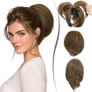 RUWISS Claw Clip Short Human Hair Ponytail Extension with Bendable Metals for DIY Styles Straight Messy Bun Hair Piece for Women, 9 Inch Medium Brown with Honey Blonde Highlights