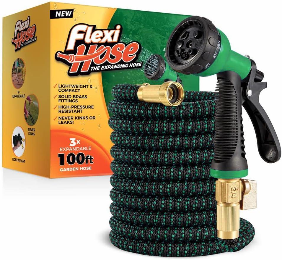 Flexi Hose with 8 Function Nozzle, 100FT - Lightweight Expandable Garden Hose, No-Kink Flexibility, 3/4 Inch Solid Brass Fittings and Double Latex Core - Black and Green