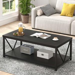 EXCEFUR Black Coffee Table, Modern Wood and Metal Living Room Table with Storage Shelf, 47 Inch