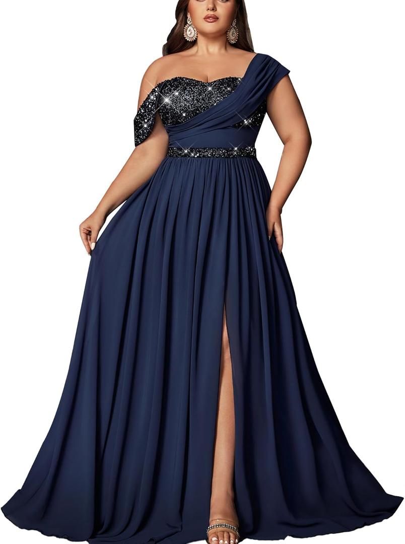 VOUIAO Women Plus Size Bridesmaid Dresses Sequin Summer Maxi Dress A Line Wedding Guest Prom Evening Party Cocktail Gown Navy Blue 2XL
