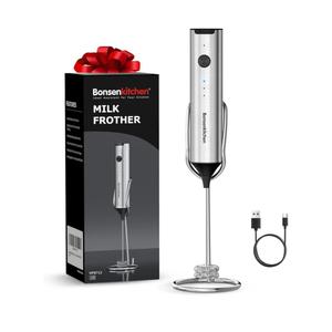 Bonsenkitchen Rechargeable Milk Frother with Stand, 3-Speed Handheld Coffee Frother, Dual Spring Whisk Electric Hand Frother Wand Drink Mixer for Matcha Lattes Cappuccino, Kitchen Gifts