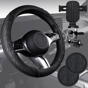 CAR PASS Leather Rubber Steering Wheel Covers Set,Heavy Duty Steering Wheel Covers&Mobile Phone Holder, Tire Tread Pattern Design,Non-Slip Wear-Resistant,Suitable for Steering Wheel 14 1/2”-15”Black
