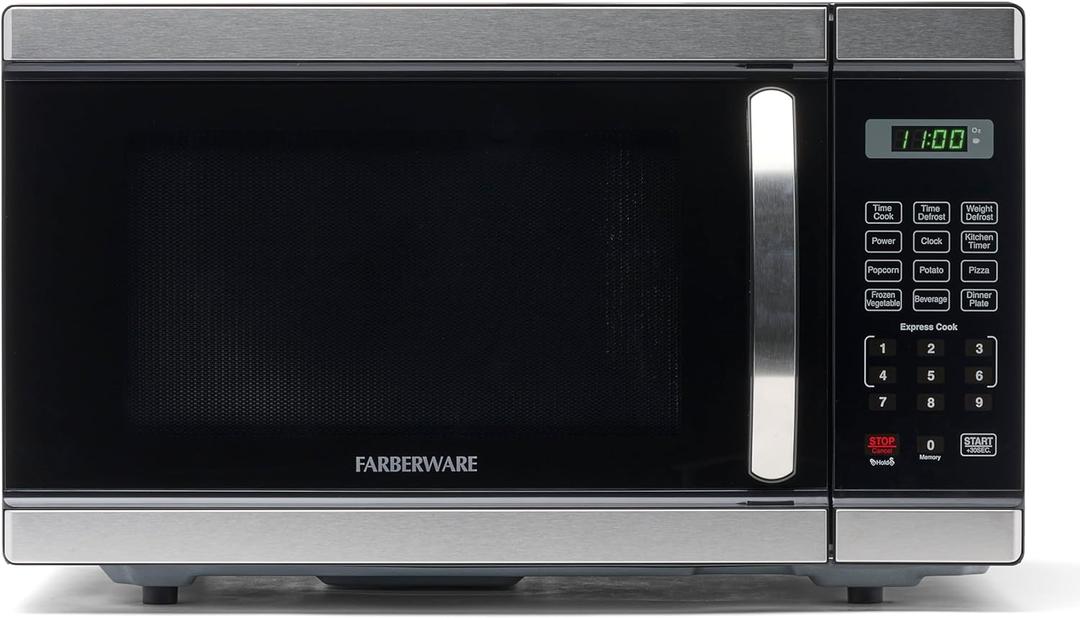 Farberware 1.1 Cu. Ft. Countertop Microwave Oven 1000 Watt Power, Auto Cook Settings, Defrost, Easy Clean and Child Safety Lock - Stainless