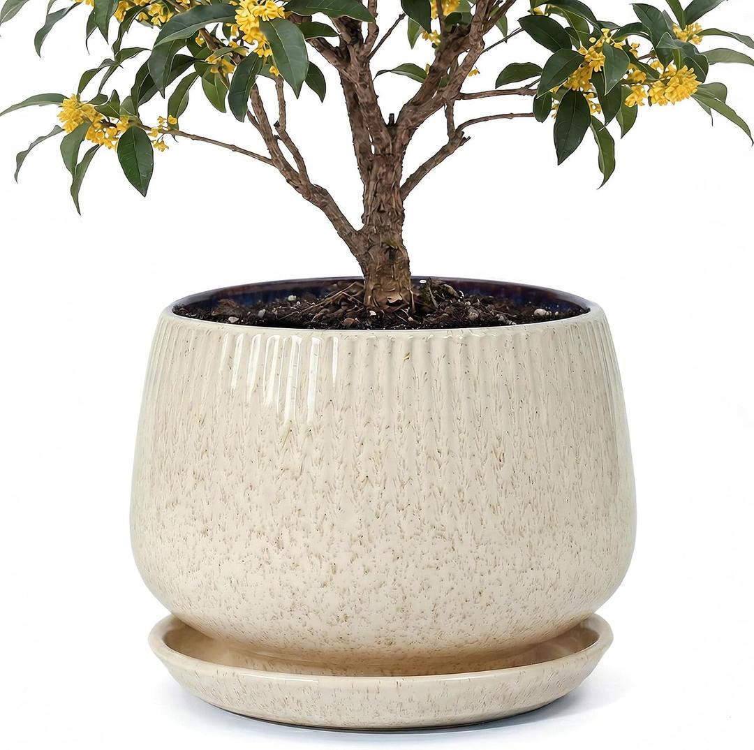 10.3 Inch Ceramic Planter with Saucer,Modern Garden Pots with Drainage Hole Mesh Net, for Indoor Outdoor Use (Silk White)