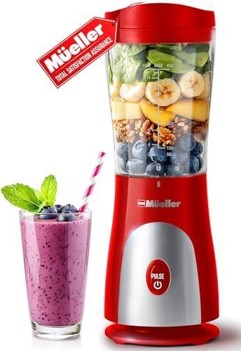 Mueller Smoothie Blender for Smoothies - Personal Blender for Shakes, Frozen Drinks, Baby Food & More, 15oz Travel Cup and Lid, Durable Stainless Steel Blades for Powerful Blending Performance, Red
