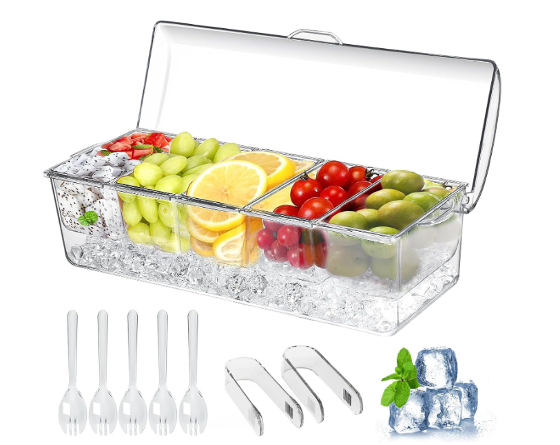 Large Ice Chilled Condiment Caddy，Chilled Condiment Containers Server with Lids for 5 Removable Compartments (2.5 cup)，Serving Platters, Fruit & Garnish Tray for Party Supplies & Bar 
Accessories
