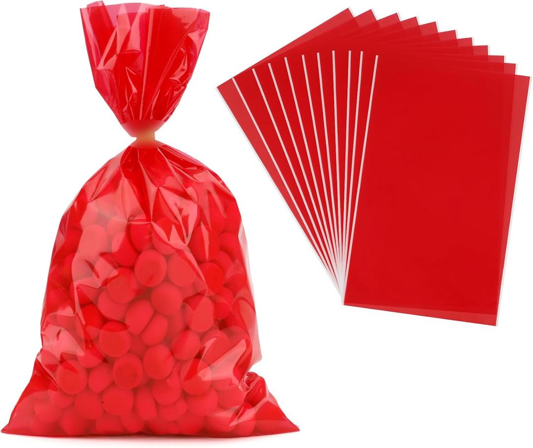 Diueoly Red Cellophane Treat Bags, 100 PCS Clear Red Candy Bags, 6x9 Inch Plastic Clear Cookie Goodie Bag Gift Snack Treat Bag for Christmas Valentines Weddings Birthday Party Favor Supplies