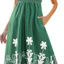Gardenwed Women's Floral Print Maxi Dress,Spaghetti Strap Smocked Bodice A-Line Sundress with Pockets (Green, M)