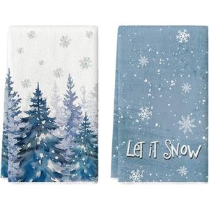 Artoid Mode Blue Xmas Tree Snowflake Winter Kitchen Towels Dish Towels, 18x26 Inch Farmhouse Holiday Decoration Cleaning Set of 2