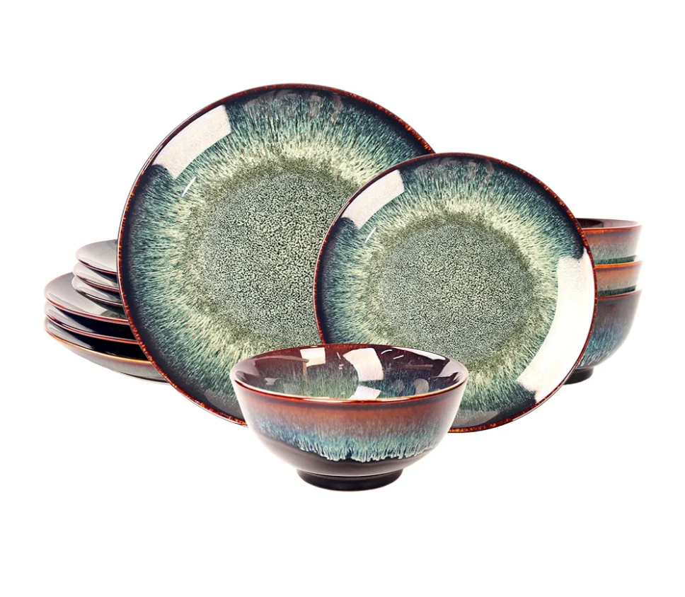 Dinner Set 12 Pieces - Round Reactive Glaze Tableware - Kitchen Dinnerware Porcelain Crockery with Dinner Plate, Bowl and Soup Plate Service for 4, Microwave Dishwasher Safe, Set (No.2)