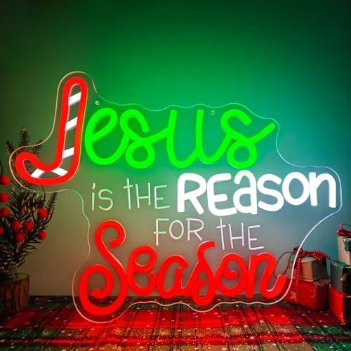 Jeanchrl Jesus Is The Reason For The Season Neon Sign Christmas Christian LED Sign for Wall Decor USB Powered Christmas Light Up Sign for Living Room Bedroom Jesus Neon Light Religious Gift for Family