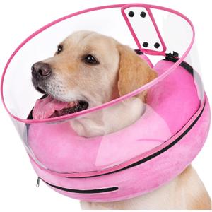 BARKLESS Inflatable Dog Cone, Protective Dog Surgery Collar to Stop Licking Biting Wounds, Patented Soft Donut Cone with Clear Shield, Adjustable Blow-up Collar for Surgery Recovery (Pink, M+) (M+ (Neck: 11"-14"))