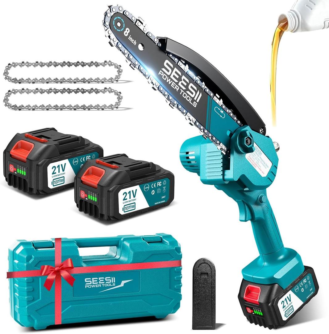 Seesii Mini Chainsaw 8-inch, Mini Chainsaw Cordless Tool Set, Battery Chainsaw with 2x 4.0Ah Batteries, Handheld Electric Power Chain Saw with Oiler, Safety Lock for Tree Trimming,Wood Cutting