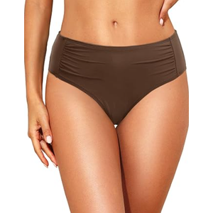 Women Full Coverage Bikini Bottoms - Mid Rise Bathing Suit Ruched Swim Bottom Swimsuit Swimwear, Size Small, Brown