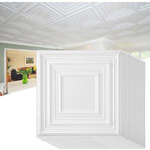 Nuanchu 90 Pcs Drop Ceiling Tiles 12 x 12 Inch PVC Ceiling Tiles Glue up Cuttable Paintable DIY Wall Panels 3D Decorative for Bathroom Interior Kitchen TV Background (White)