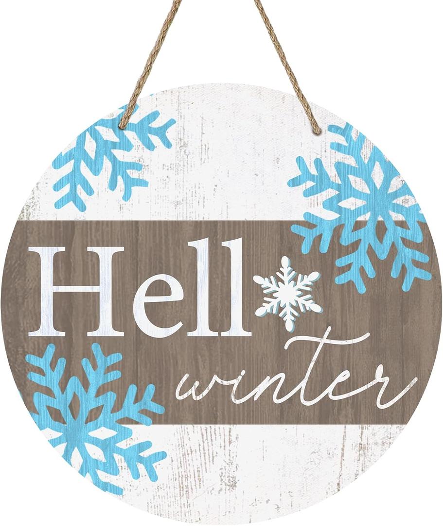 Deroro Hello Winter Sign for Front Door Decor, Winter Welcome Farmhouse Wood Door Hanger for Outdoor Outside Porch, Rustic Christmas Snowflakes Wooden Wreath Wall Hanging Decoration (White)