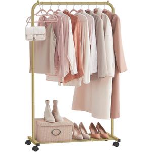 SONGMICS Clothes Rack with Wheels, Clothing Rack for Hanging Clothes, 25.4 mm Metal Garment Rack with Dense Mesh Storage Shelf, 110 lb Load Capacity, 2 Brakes, Gold UHSR025A01