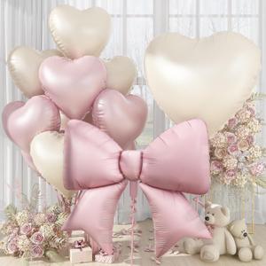30 Inch Pink White Heart Balloons, Large Bow Foil Balloons, 10Pcs 38" Giant Pink Bow-knot Balloon with 18" Cream Heart Shape Helium Balloon Set for Women Birthday Party Baby Shower Bridal Wedding, Pink and Cream