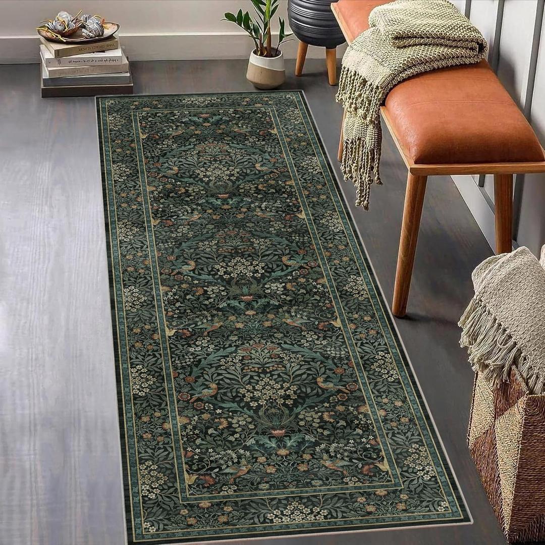 2x6 Floral Washable Area Rug Soft Runner Rugs for Living Room, Vintage Boho Hallway Rug for Bedroom Dining Room, Distressed Botanical Birds Non Slip Low Pile Animal Throw Carpet for Office, Dark Green