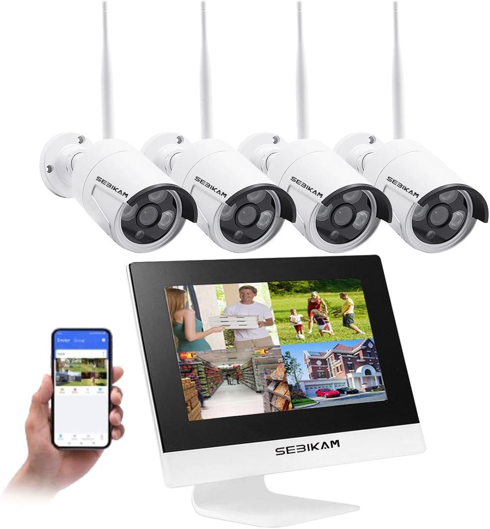 2K Wireless Security Camera System Outdoor with 10.1" Monitor, 4pcs 3MP Wired Plug-in Powered Cameras 2-Way Audio, No Monthly Fees, Night Vision, Motion Detection Surveillance (No Hard Drive)