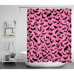 EOBTAIN Halloween Shower Curtain Horror Scary Black Bats Modern Simple Shower Curtains Black and Pink Shower Curtains for Bathroom Decor Fabric Durable 10 Hooks 60X72Inches