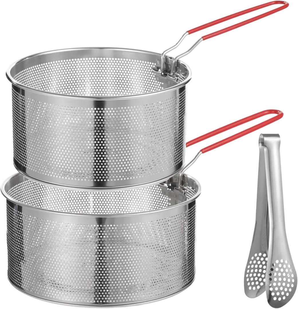 Stainless Steel Pasta Strainer Set with Food Clip, Include 7 in & 6.2 in Deep Fryer Basket, Removable Handle Strainer for Washing Draining Deep-frying Boiling Steaming