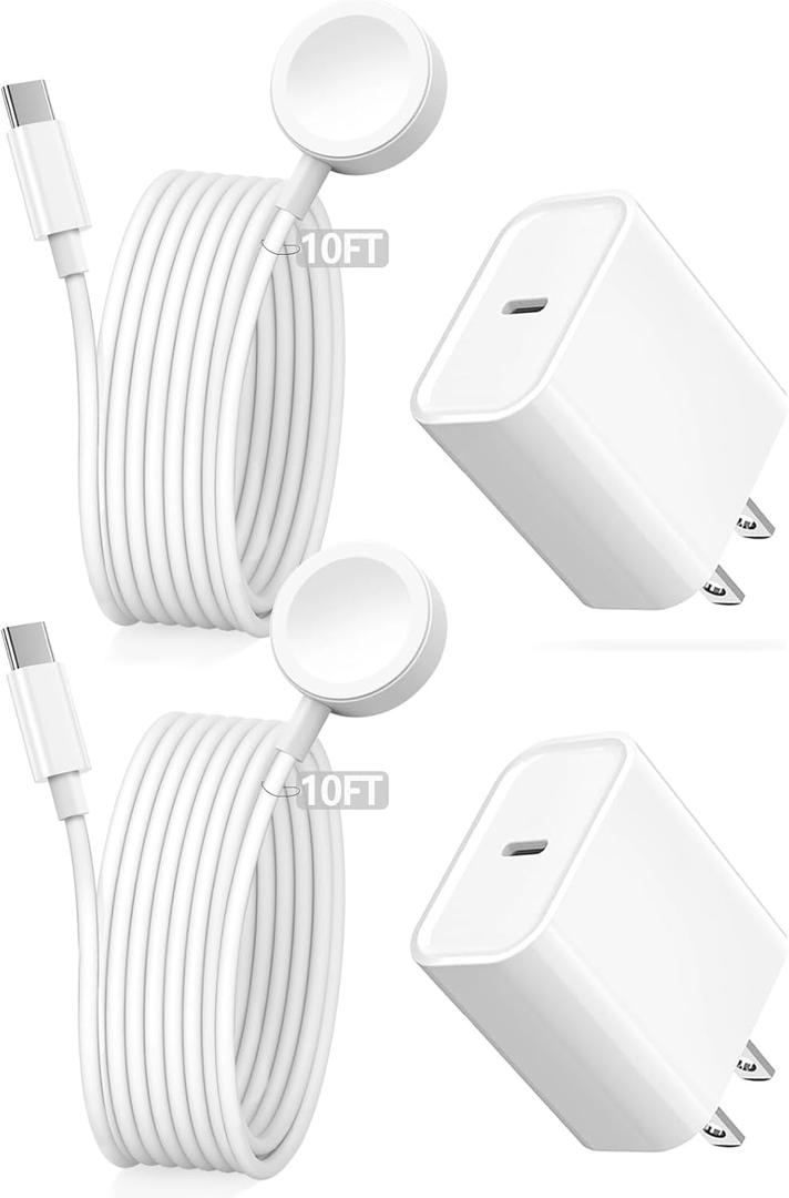 10FT for Apple Watch Charger, Long 10 FT iWatch Portable Wireless Fast Charging Cable Cord with USB C i-Watch Charger Plug Compatible with Series 10/9/8/7/SE/6/5/4/3/2/1 2Pack