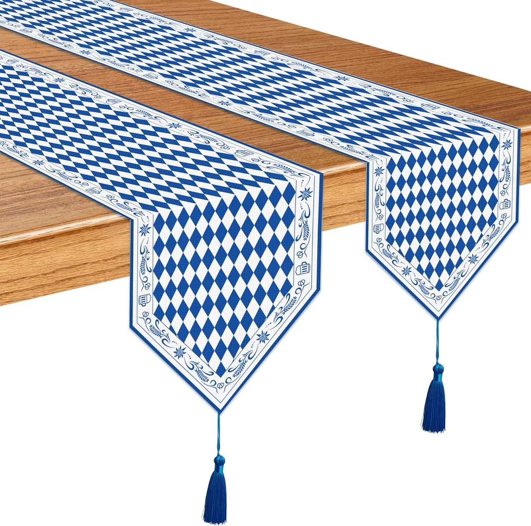 2 Pcs Oktoberfest Table Runner with Tassels 12 x 71 Inch Blue and White Table Decorations for Octoberfest Party, Beers Festival Dresser Scarves for Dinner Party Decor Supplies