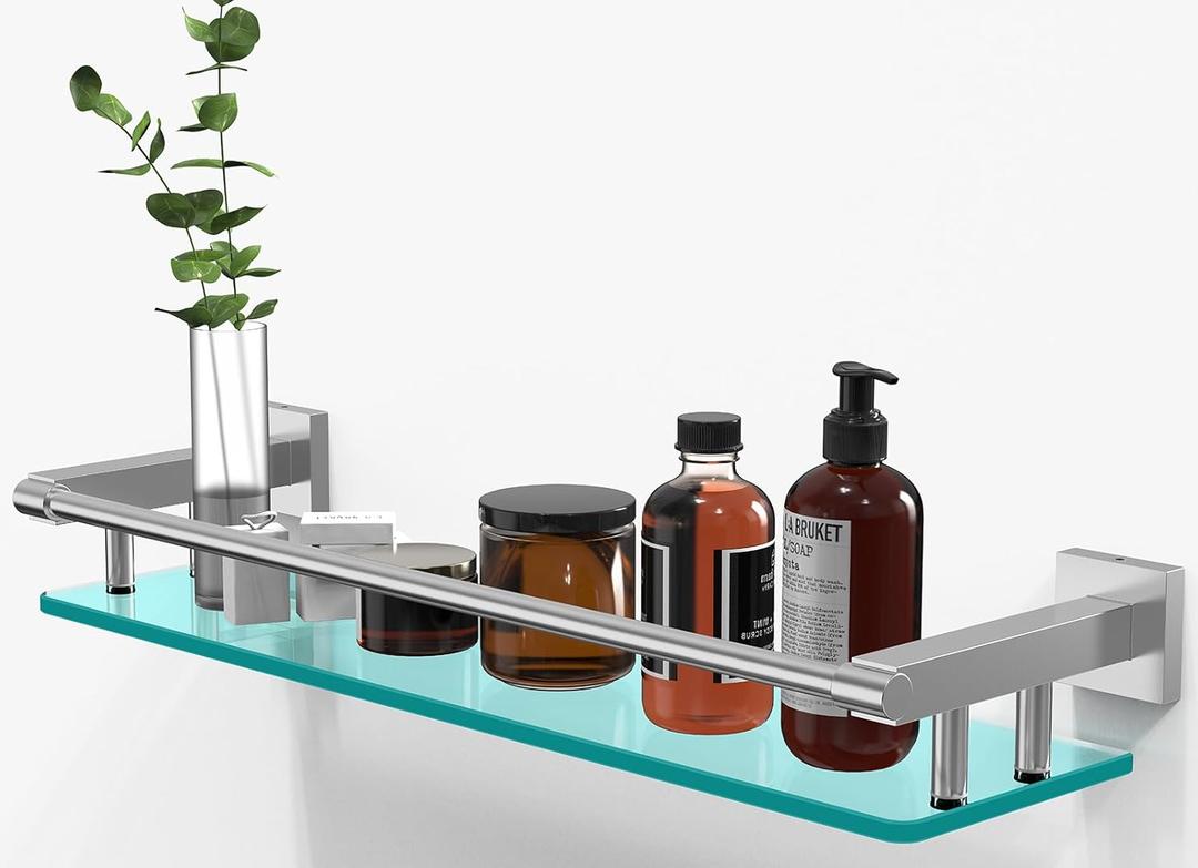 20IN Glass Shelf for Bathroom Nickel Rectangular Stainless Steel Tempered Glass Modern Wall Mount Shelf Sink Over Toilet Bathroom Shelves (Brushed Nickel, 20) (20 with Railing)