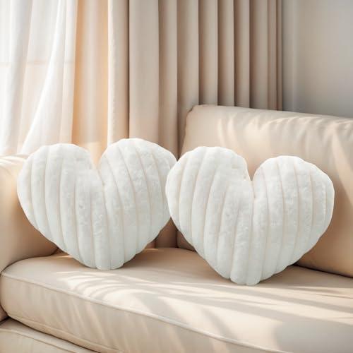 Nmkopzy 16 Inch Heart Pillow Cute Soft Decorative Throw Pillows, Heart Shaped Fluffy Faux Fur Pillows Cushions for Couch Sofa Bed Bedroom Room Home Decor Aesthetic (2, White, Medium-16 x13)