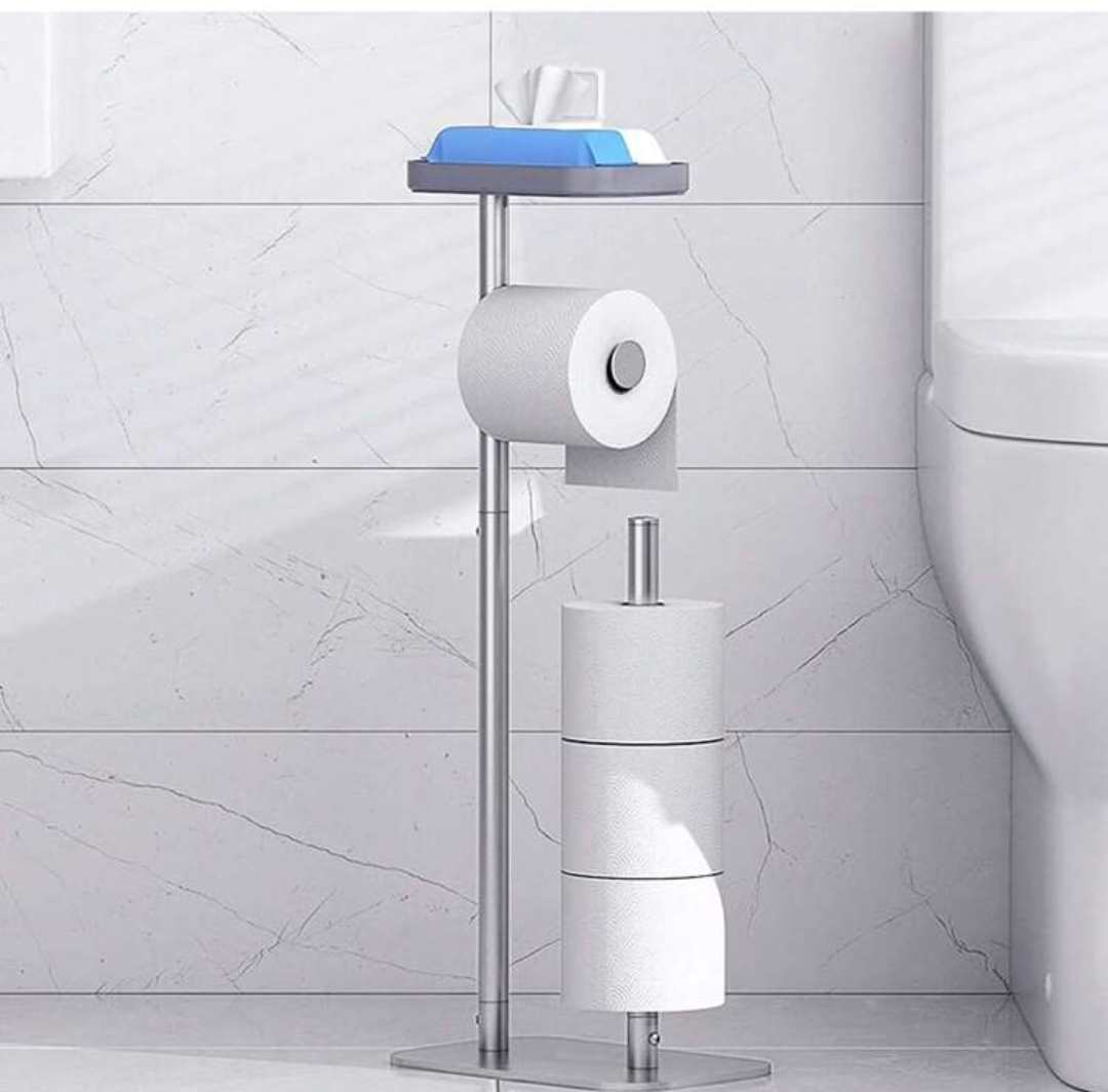 Kitsure Toilet Paper Holder Free Standing – Rustproof Metal Toilet Paper Stand for 4 Rolls with Anti-Slip Base and Shelf for Phone & Small Items, Bathroom Organizers and Storage, Silver