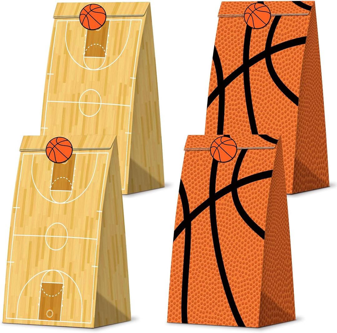 KERINGO 30 Pack Basketball Party Decorations Basketball Gift Bags Paper Treat Snacks Bags Basketball Print Goodie Bags with Stickers for Sports Theme Party Decorations
